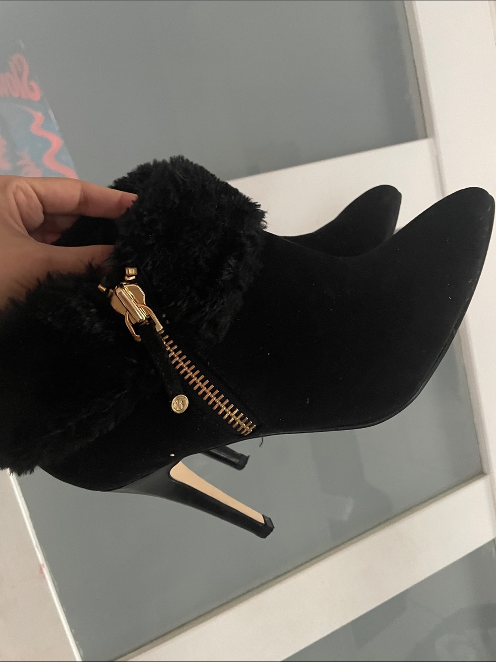 Marc Fischer Black Faux Fur Ankle Boots with Gold Zip